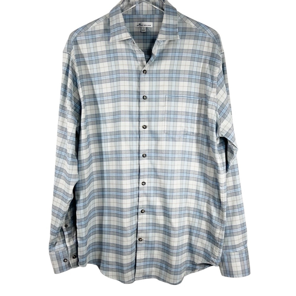 PETER MILLAR Blue Plaid Button Down Long Sleeve Men's Shirt Size Large